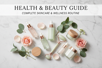 Health and Beauty Guide showing a complete skincare and wellness routine with various beauty products and flowers.