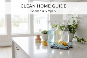 Household Cleaning Guide displayed with cleaning supplies and lemon on a countertop for a spotless home.