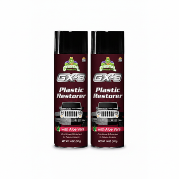 GX3 Plastic Restorer with Aloe Vera for automotive industry trends, two cans on white background.