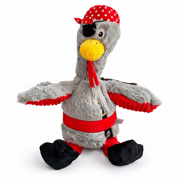 Quality pet supplies plush pirate bird toy for dogs, featuring vibrant colors and soft textures.