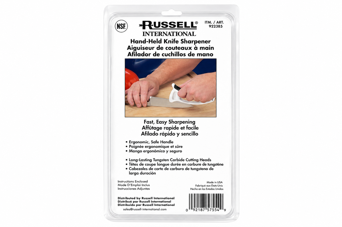 Handheld Knife Sharpener Tungsten Carbide by Russell 7320 in packaging for quick and easy knife sharpening.