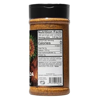 Spanglish Asadero Organic Carne Asada Seasoning, 10.2 ounce jar with traditional Mexican design.