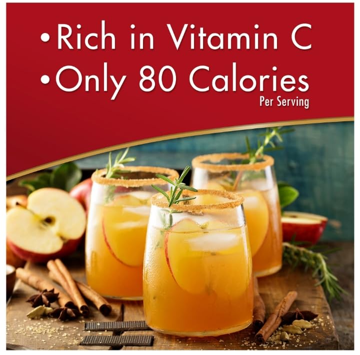 Spiced apple cider drink mix served in glasses with apples and cinnamon, rich in Vitamin C and only 80 calories per serving.