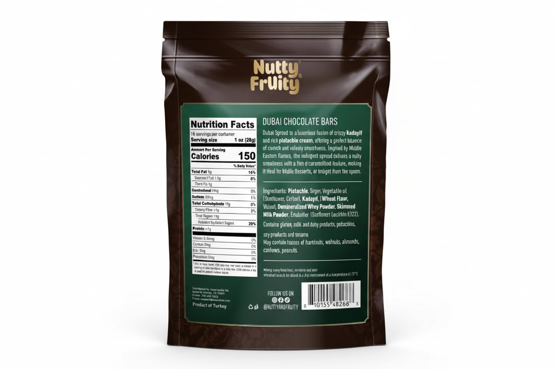 Nutty & Fruity Dubai Chocolate Bars, milk chocolate with pistachio, individually wrapped, 16 oz pack.
