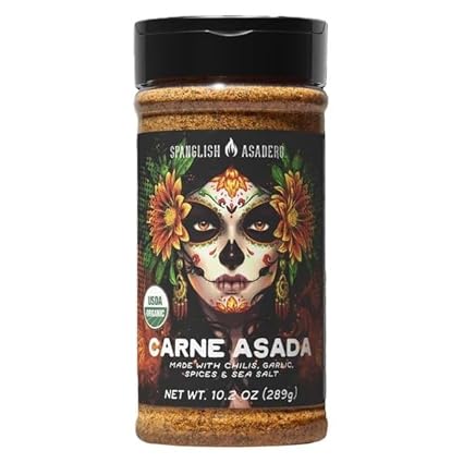 Spanglish Asadero Organic Carne Asada Seasoning, 10.2 ounce jar with traditional Mexican design.