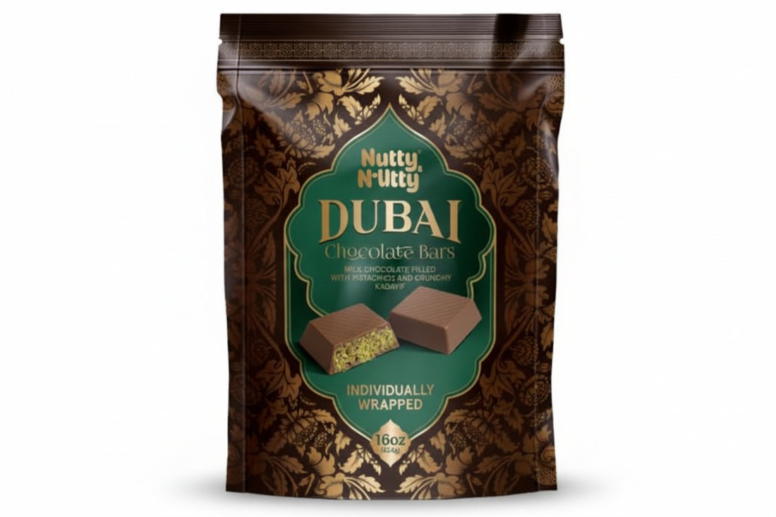 Nutty & Fruity Dubai Chocolate Bars, milk chocolate with pistachio, individually wrapped, 16 oz pack.