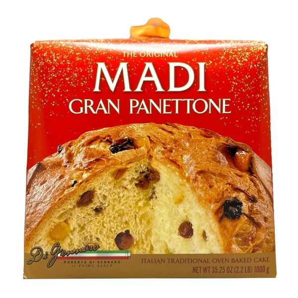 Madi Gran Panettone, traditional Italian panettone, holiday fruit cake, 35.25 oz, beautifully domed crust and airy texture.