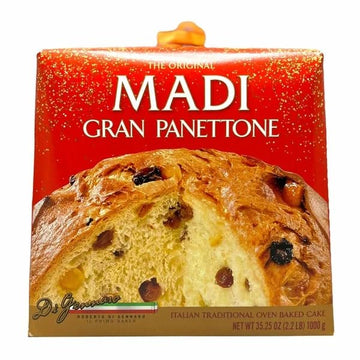 Madi Gran Panettone, traditional Italian panettone, holiday fruit cake, 35.25 oz, beautifully domed crust and airy texture.