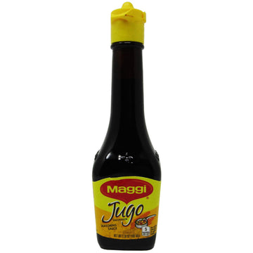 Jugo Maggi seasoning sauce pack of 2, glass bottle, each 3.38 oz, sealed for freshness.