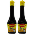 Jugo Maggi seasoning sauce pack of 2, 3.38 oz glass bottles, sealed for freshness, ideal for enhancing flavors.