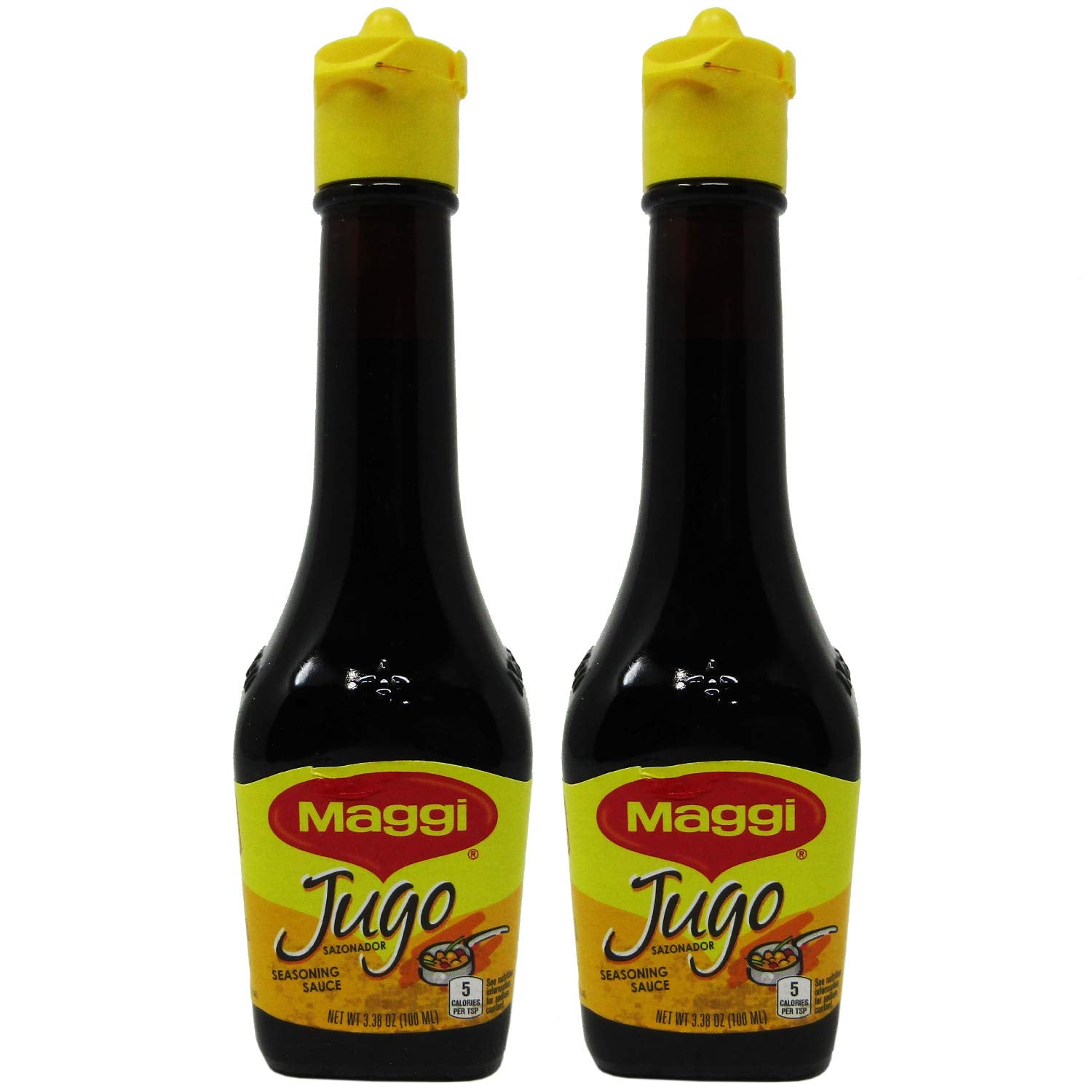 Jugo Maggi seasoning sauce pack of 2, 3.38 oz glass bottles, sealed for freshness, ideal for enhancing flavors.