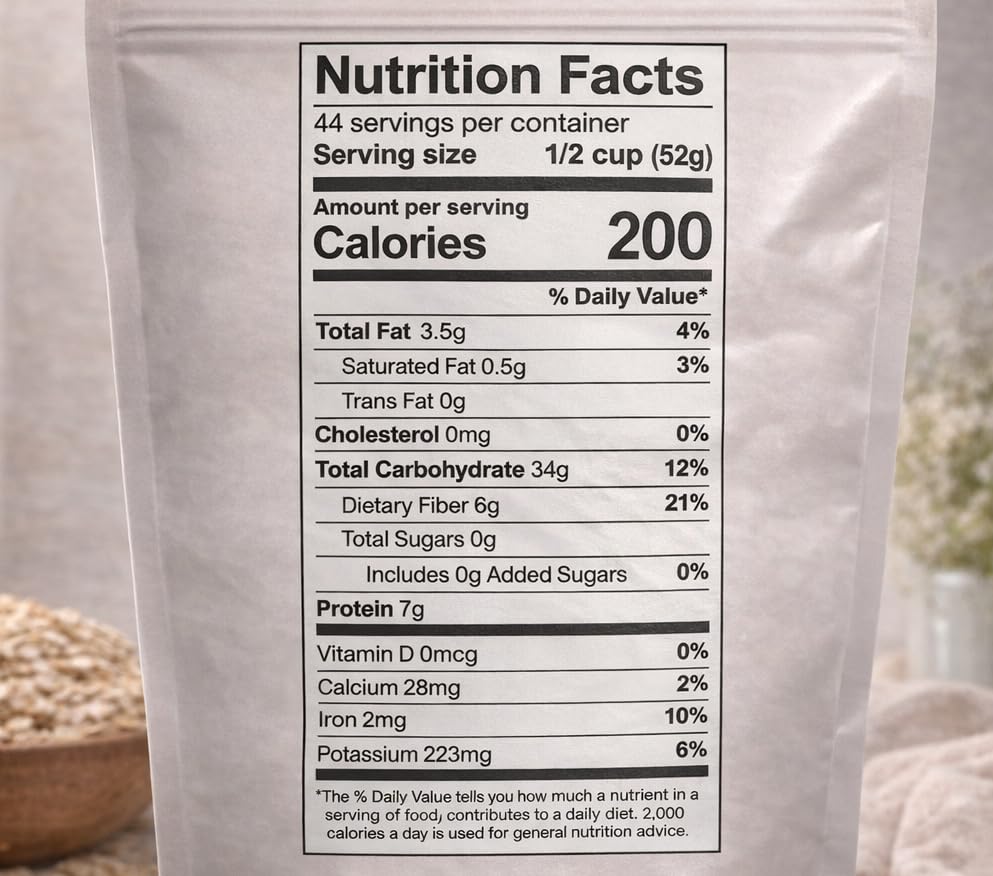 Nutrition facts label for One Degree Organic Foods gluten free sprouted rolled oats, detailing calories, serving size, and nutrients.