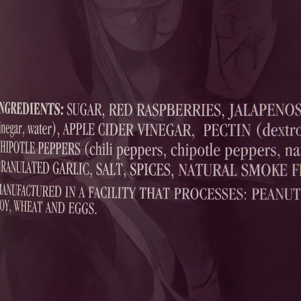 Ingredients list for Fischer & Wieser raspberry chipotle sauce including raspberries and chipotle peppers.