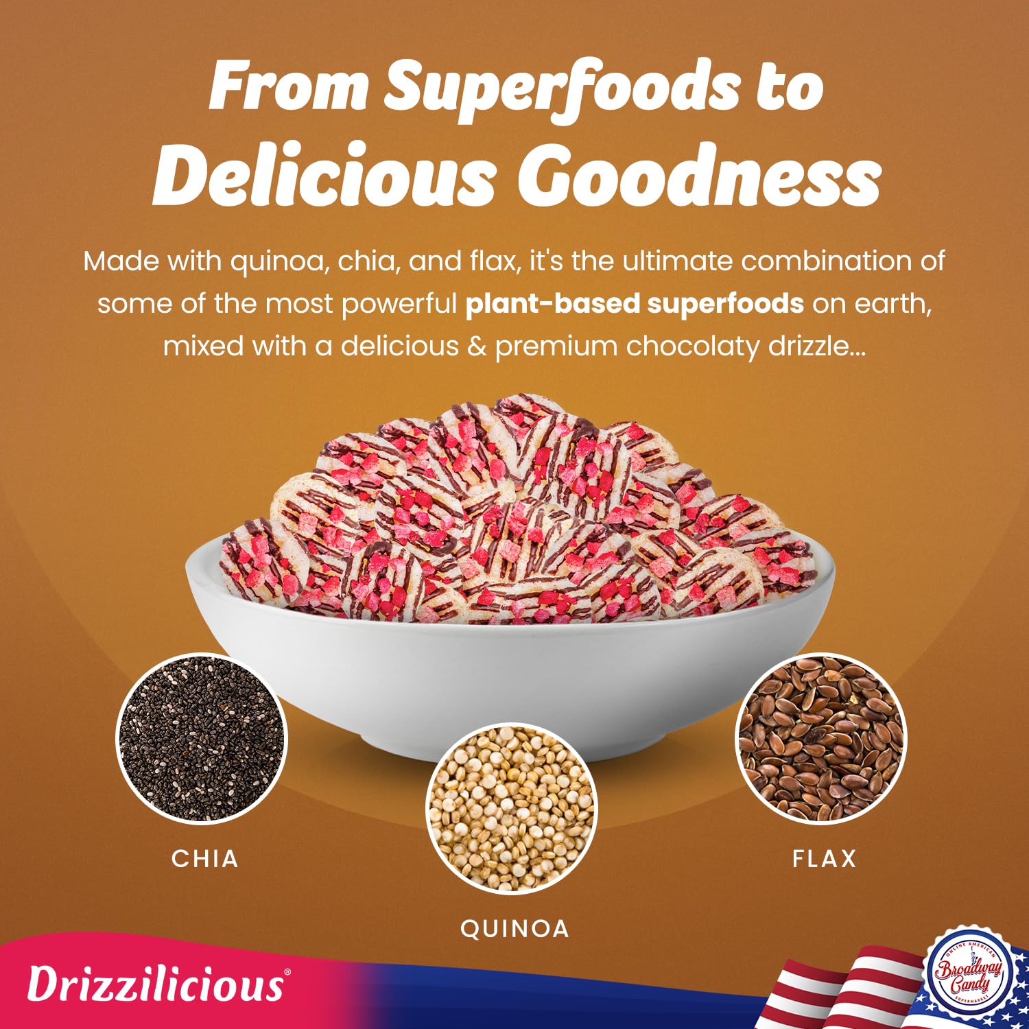 Drizzilicious vegan gluten-free rice cake snacks with quinoa, chia, and flax mixed in a premium chocolaty drizzle.