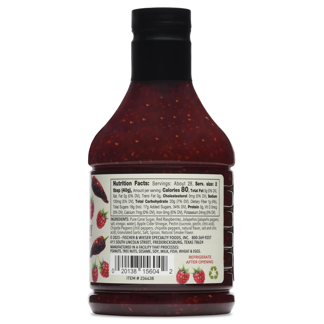 Bottle of Fischer & Wieser Roasted Raspberry Chipotle Sauce, 40 Oz, showcasing the smoky and sweet blend.