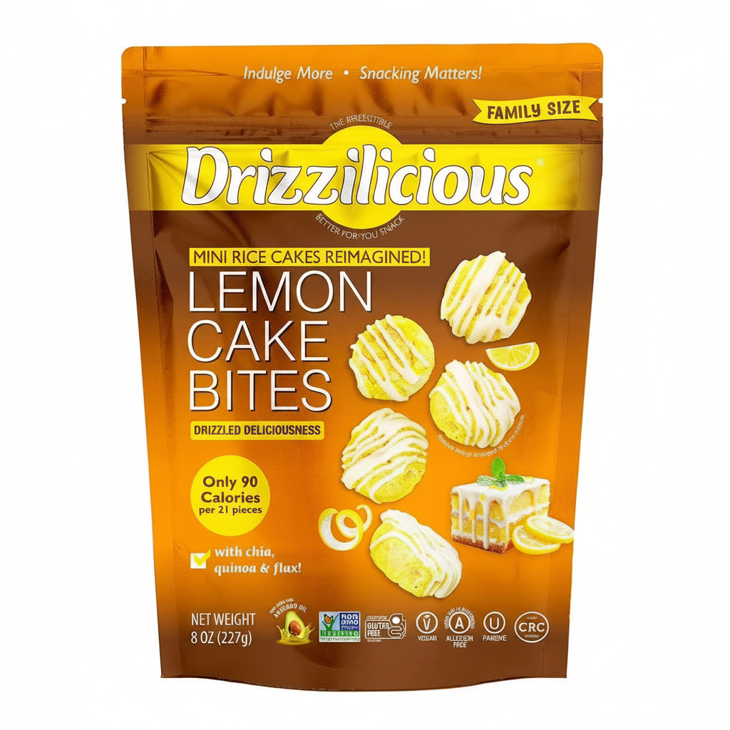 Drizzilicious Lemon Cake Bites, vegan lemon cake snacks, mini rice cakes in family size bag, 8 oz.