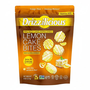 Drizzilicious Lemon Cake Bites, vegan lemon cake snacks, mini rice cakes in family size bag, 8 oz.