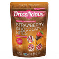 Drizzilicious Strawberry Chocolaty Bites packaging, vegan gluten-free rice cake snacks, 4 oz bag with real strawberries.