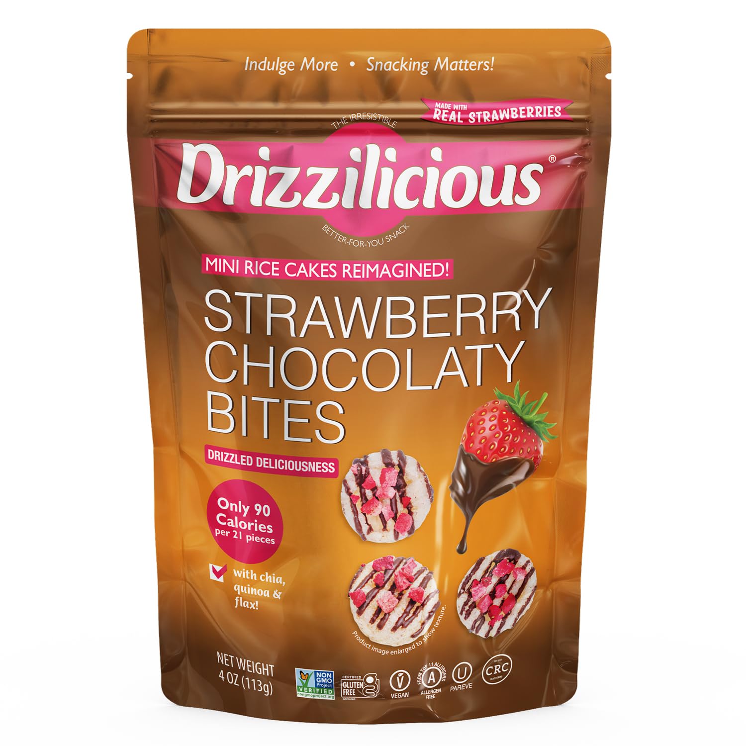 Drizzilicious Strawberry Chocolaty Bites packaging, vegan gluten-free rice cake snacks, 4 oz bag with real strawberries.