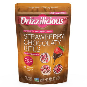 Drizzilicious Strawberry Chocolaty Bites packaging, vegan gluten-free rice cake snacks, 4 oz bag with real strawberries.