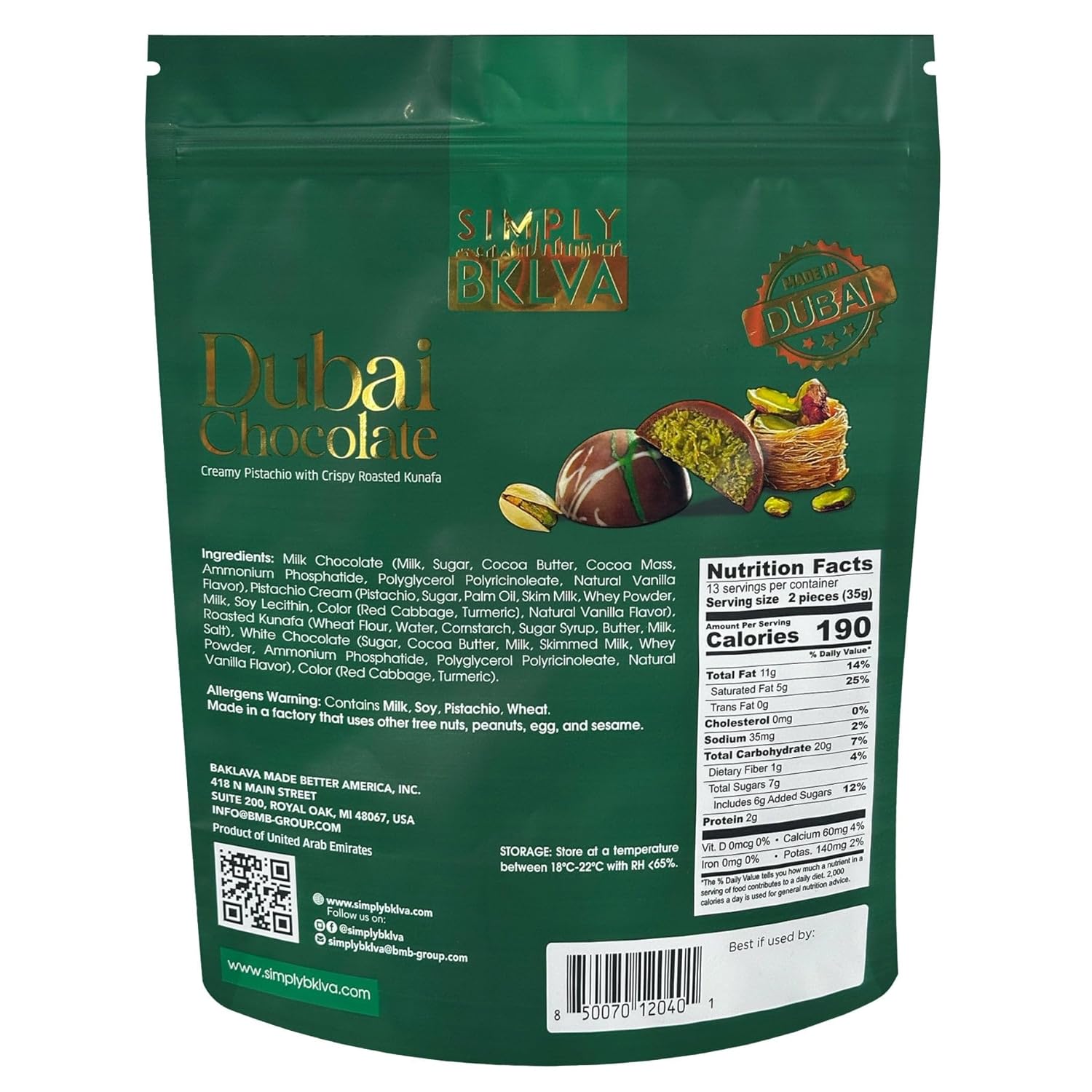 Simply BKLVA Dubai Chocolate, Creamy Pistachio with Crispy Roasted Kunafa, 15.87 oz packaging.