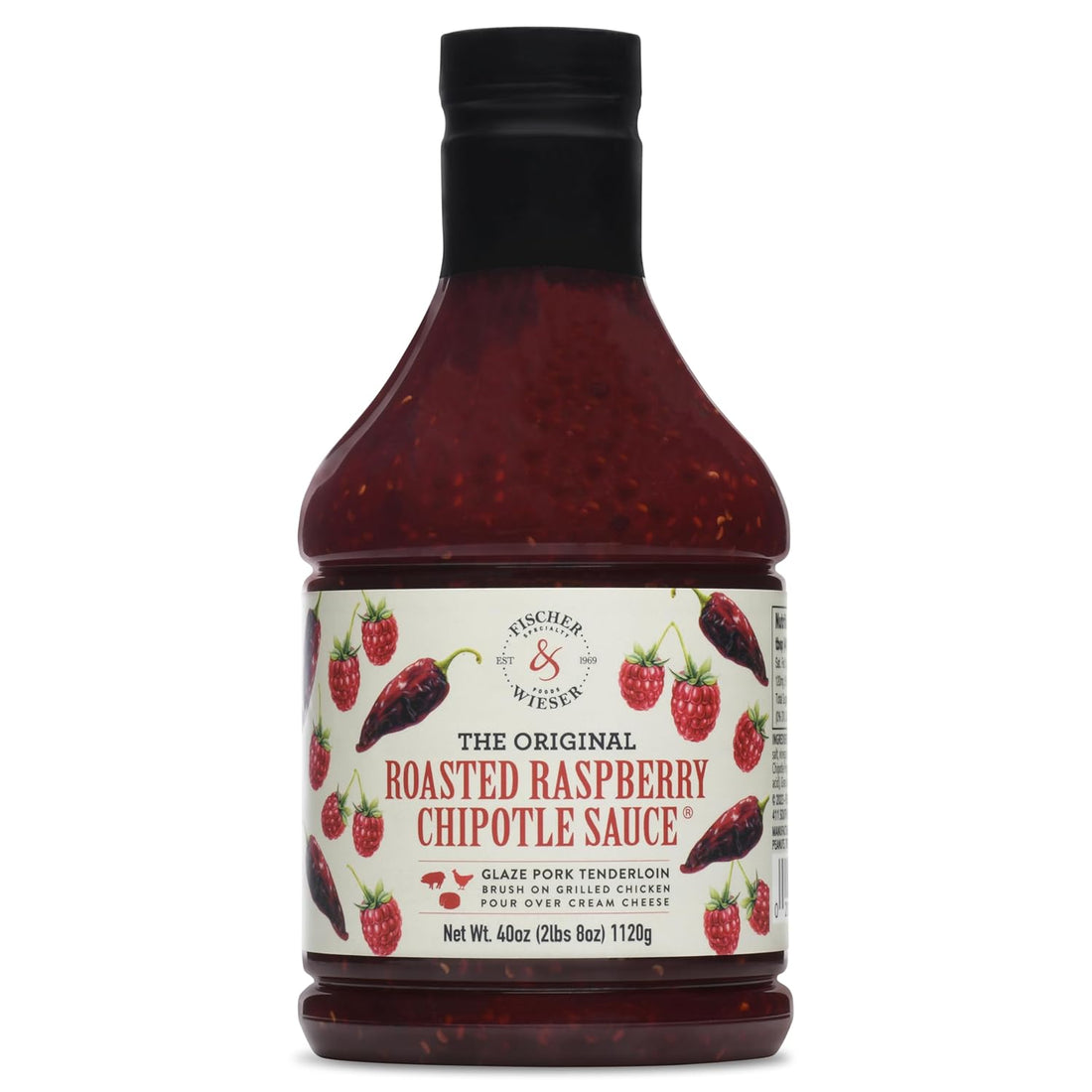 Bottle of Fischer & Wieser Roasted Raspberry Chipotle Sauce, 40 Oz, showcasing the smoky and sweet blend.