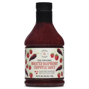 Bottle of Fischer & Wieser Roasted Raspberry Chipotle Sauce, 40 Oz, showcasing the smoky and sweet blend.