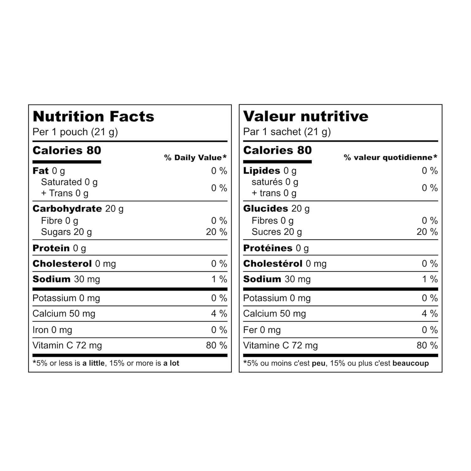 Nutrition facts label for spiced apple cider drink mix, showing calories and ingredients per 21g pouch.