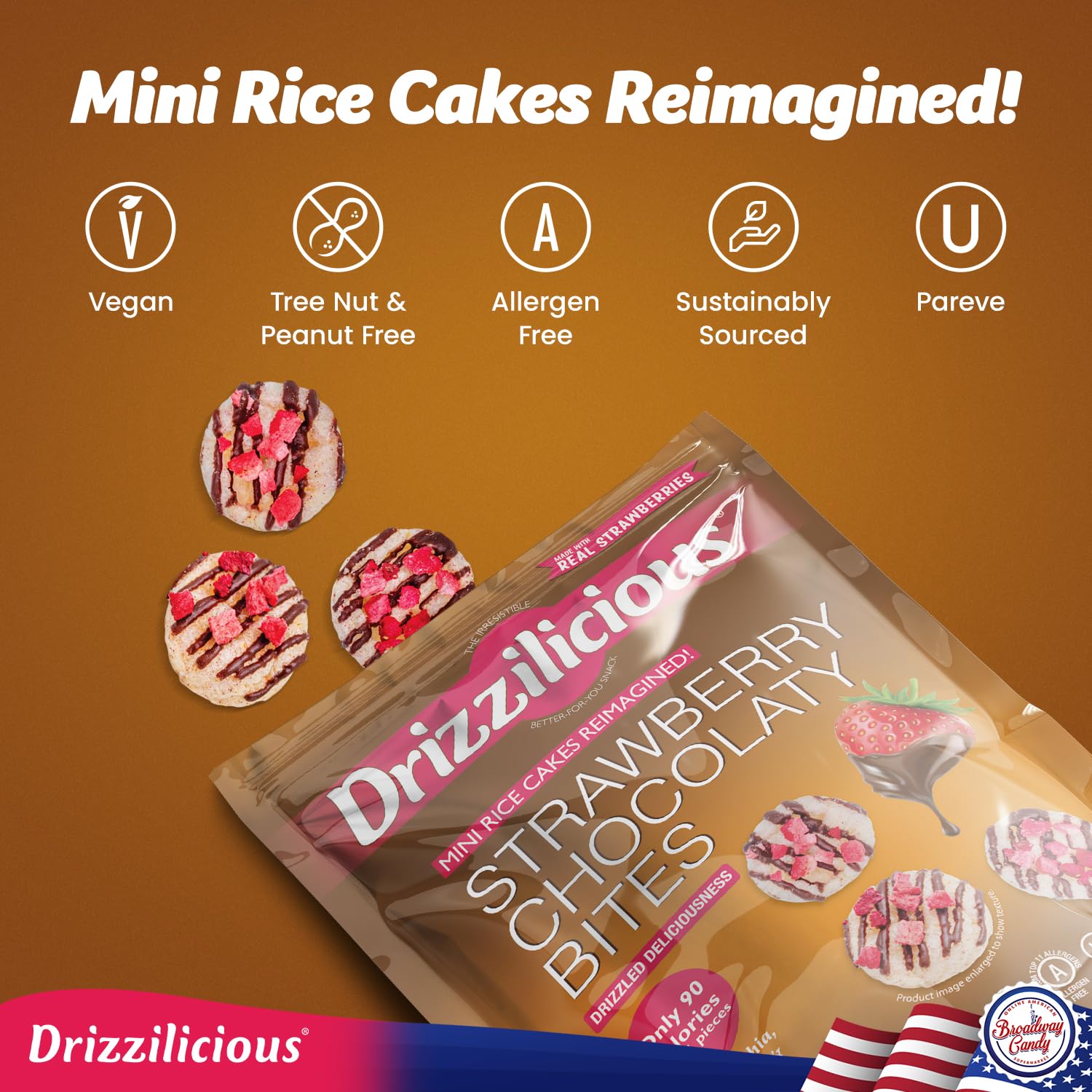 Drizzilicious Strawberry Chocolaty Bites package featuring vegan gluten-free rice cake snacks with vibrant visuals.