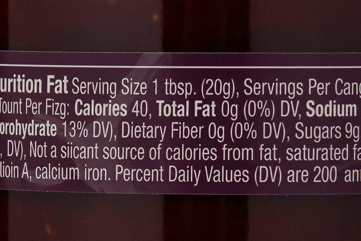 Nutrition label of Fischer and Wieser Razzpotle Roasted Raspberry Chipotle Sauce, highlighting calories and fat content.