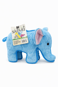 Durable dog plush toy shaped like a blue elephant with a squeaker, perfect for interactive play.