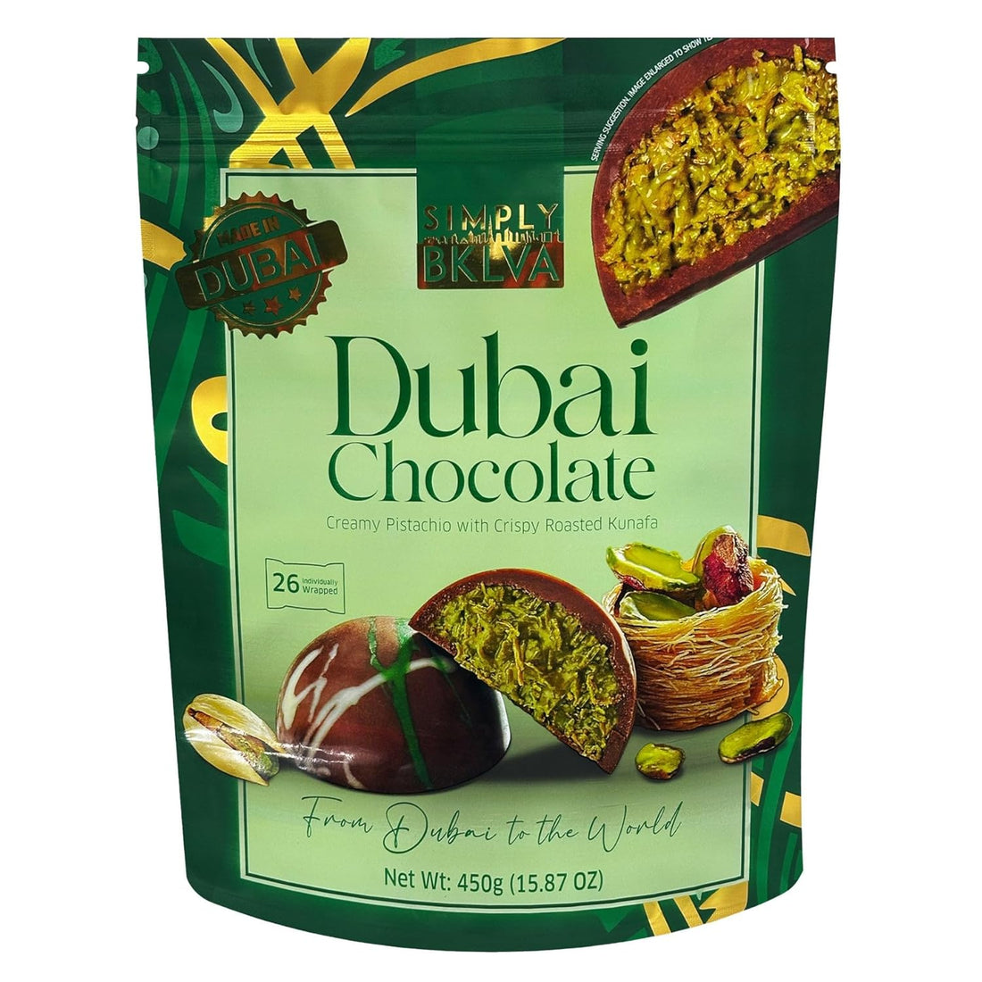 Simply BKLVA Dubai Chocolate, Pistachio with Crispy Roasted Kunafa, 15.87 oz, 26 pieces.