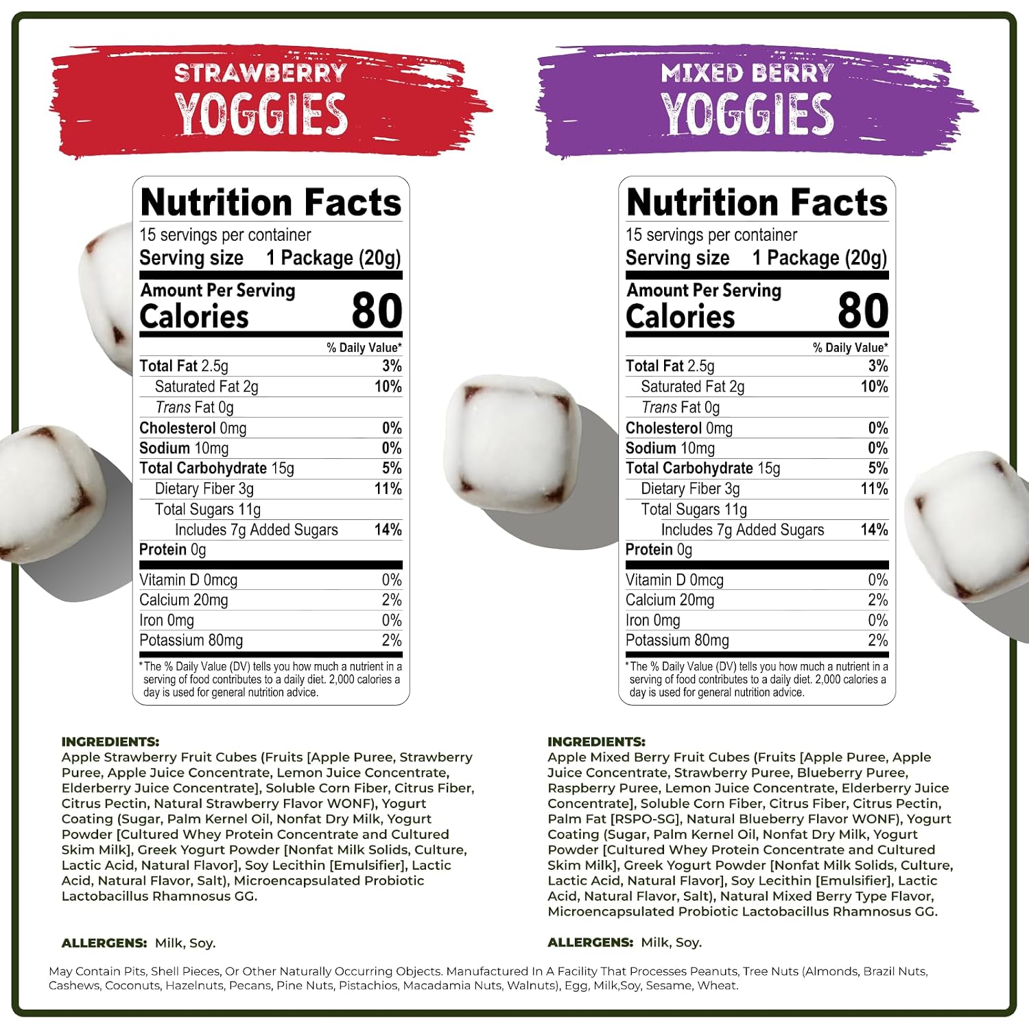 Nutrition facts for Nature’s Garden Probiotic Yoggies strawberry and mixed berry flavors, showcasing calorie and serving information.