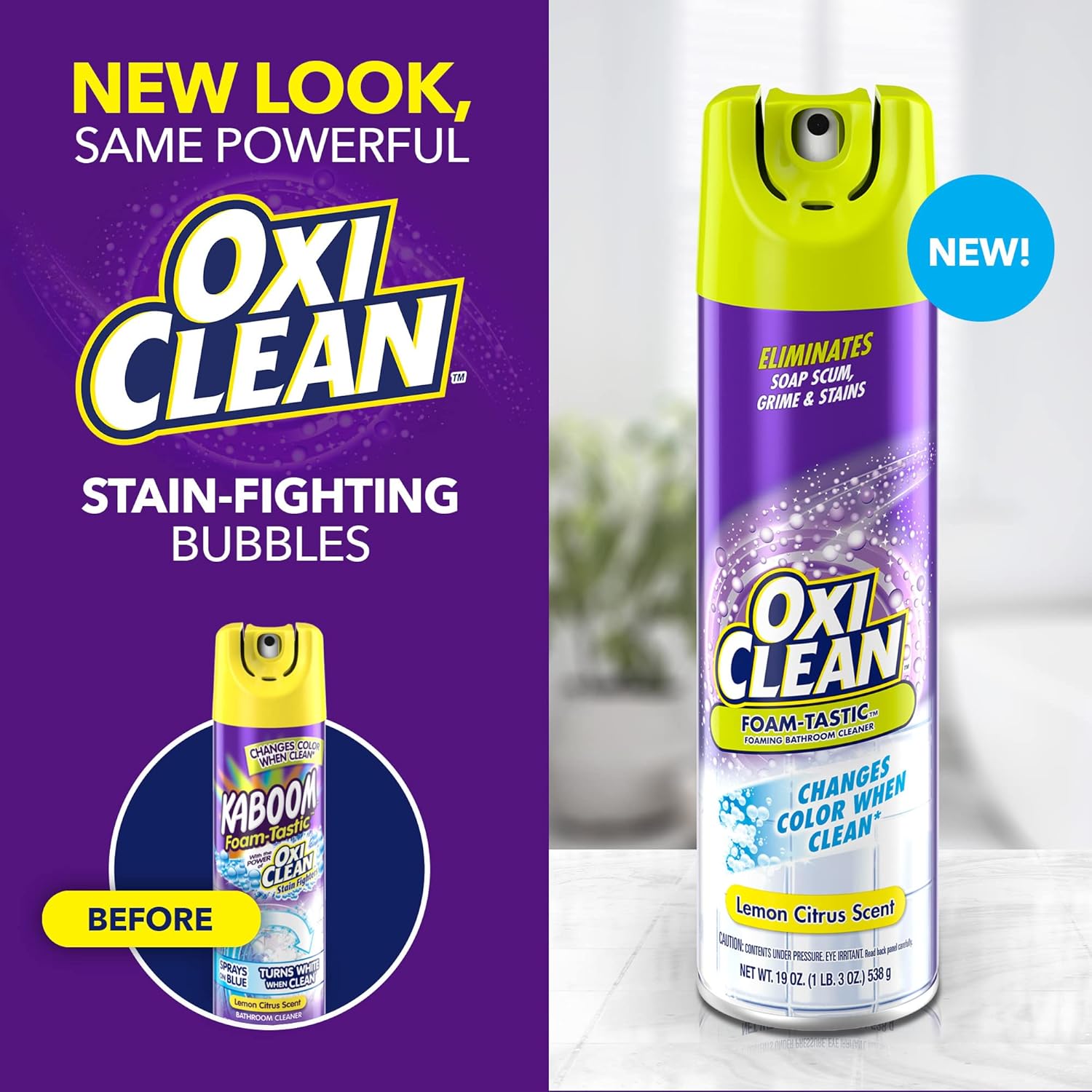 OxiClean bathroom cleaner spray bottle, Citrus scent, eliminates soap scum and grime, foaming action, color-changing formula.
