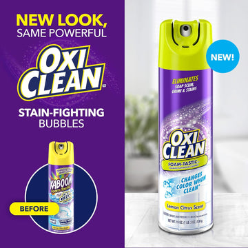 OxiClean bathroom cleaner spray bottle, Citrus scent, eliminates soap scum and grime, foaming action, color-changing formula.