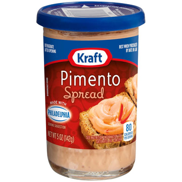 Kraft pimento cream cheese spread in a 5 oz jar featuring serving suggestion with crackers.
