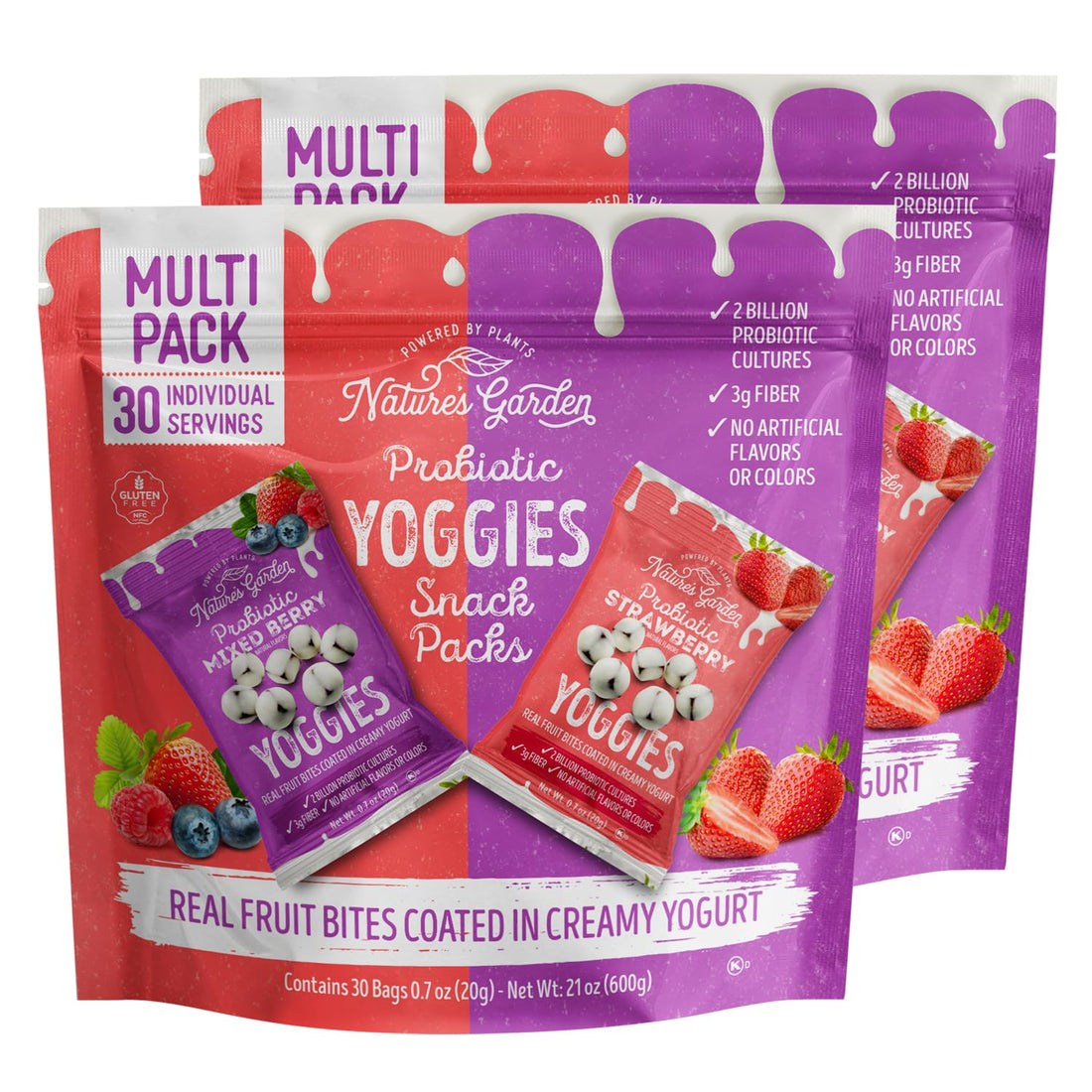 Nature’s Garden Probiotic Yoggies 21 oz multi-pack featuring Strawberry and Mixed Berry flavors in snack-sized packs.