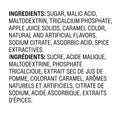 Ingredient list for spiced apple cider drink mix, including sugars, acids, and flavorings in English and French.