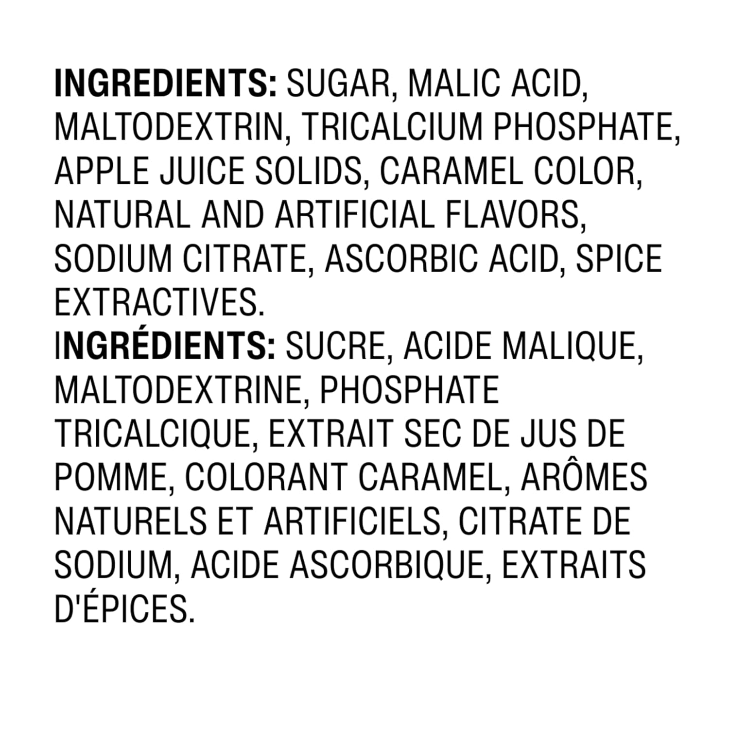 Ingredient list for spiced apple cider drink mix, including sugars, acids, and flavorings in English and French.