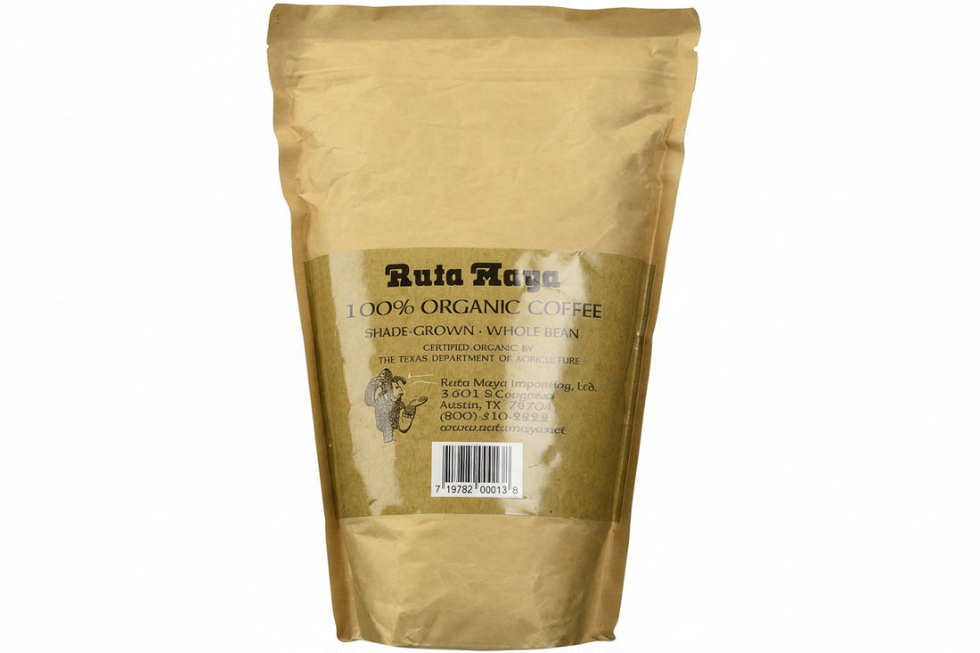 Ruta Maya Coffee packaging with 100% organic label, showcasing organic dark roast coffee from Chiapas, Mexico.