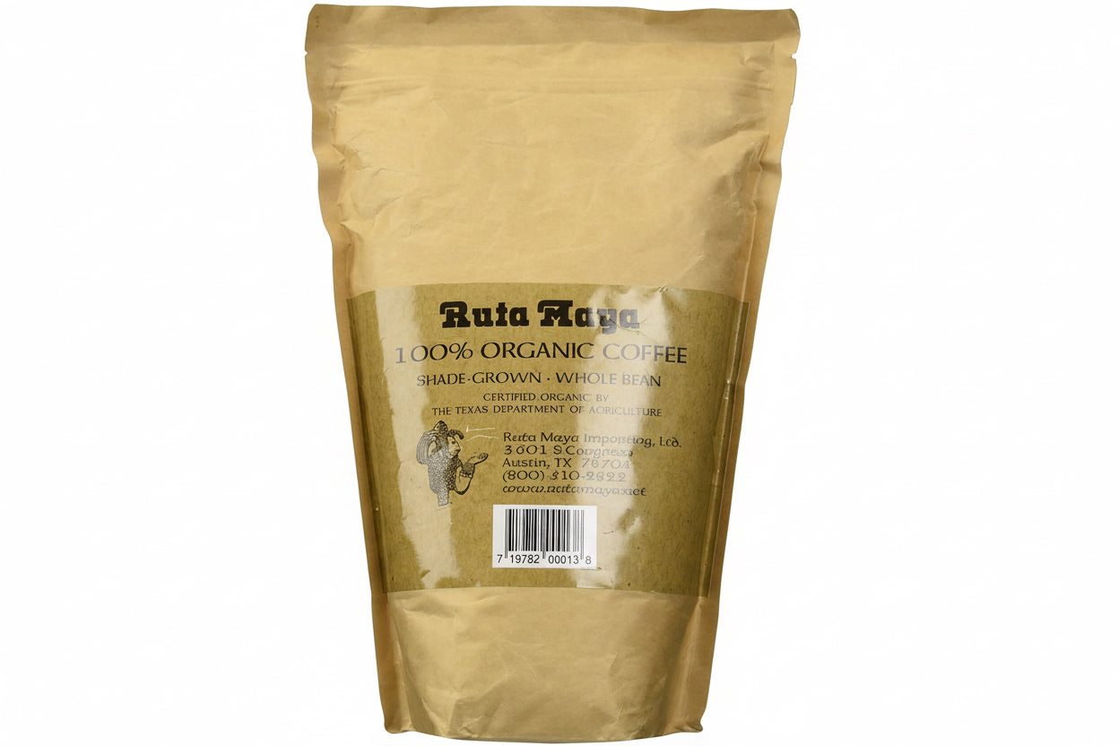 Ruta Maya Coffee package featuring organic dark roast coffee, 100% organic certification with rich flavor.
