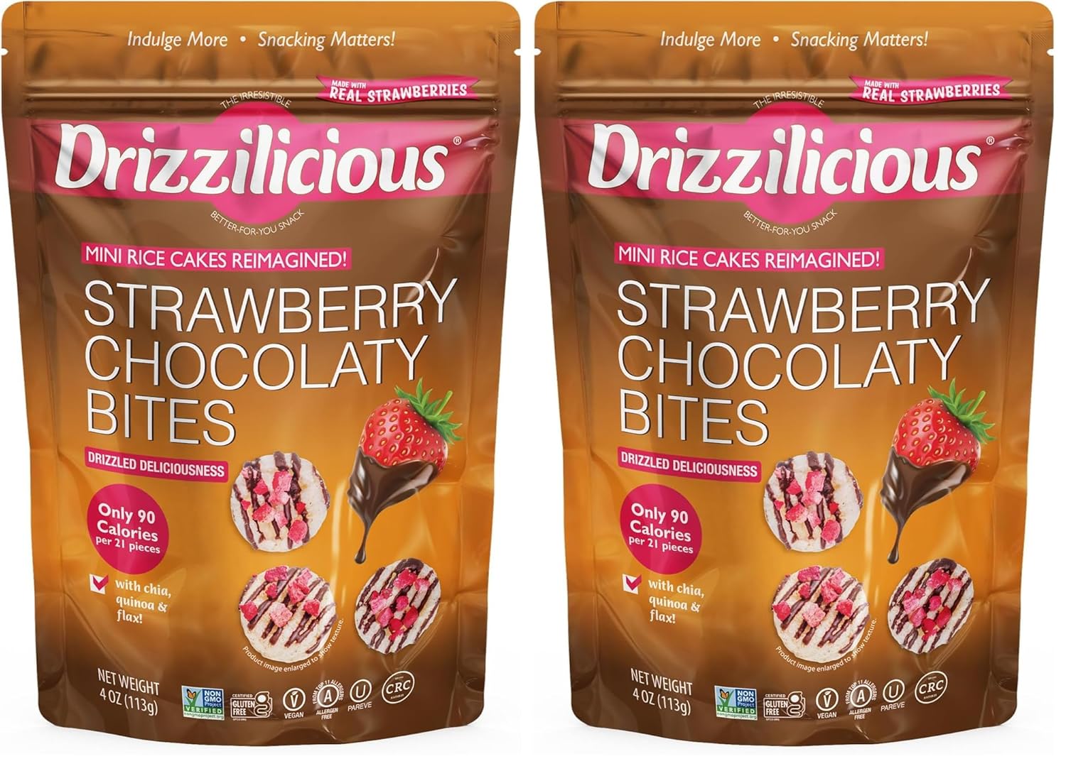 Drizzilicious Strawberry Chocolaty Bites packaging, vegan gluten-free rice cake snacks, 113g, delicious treat for on-the-go snacking.
