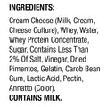 Ingredients list for Kraft pimento cream cheese spread, including cream cheese, whey, and pimentos, contains milk.