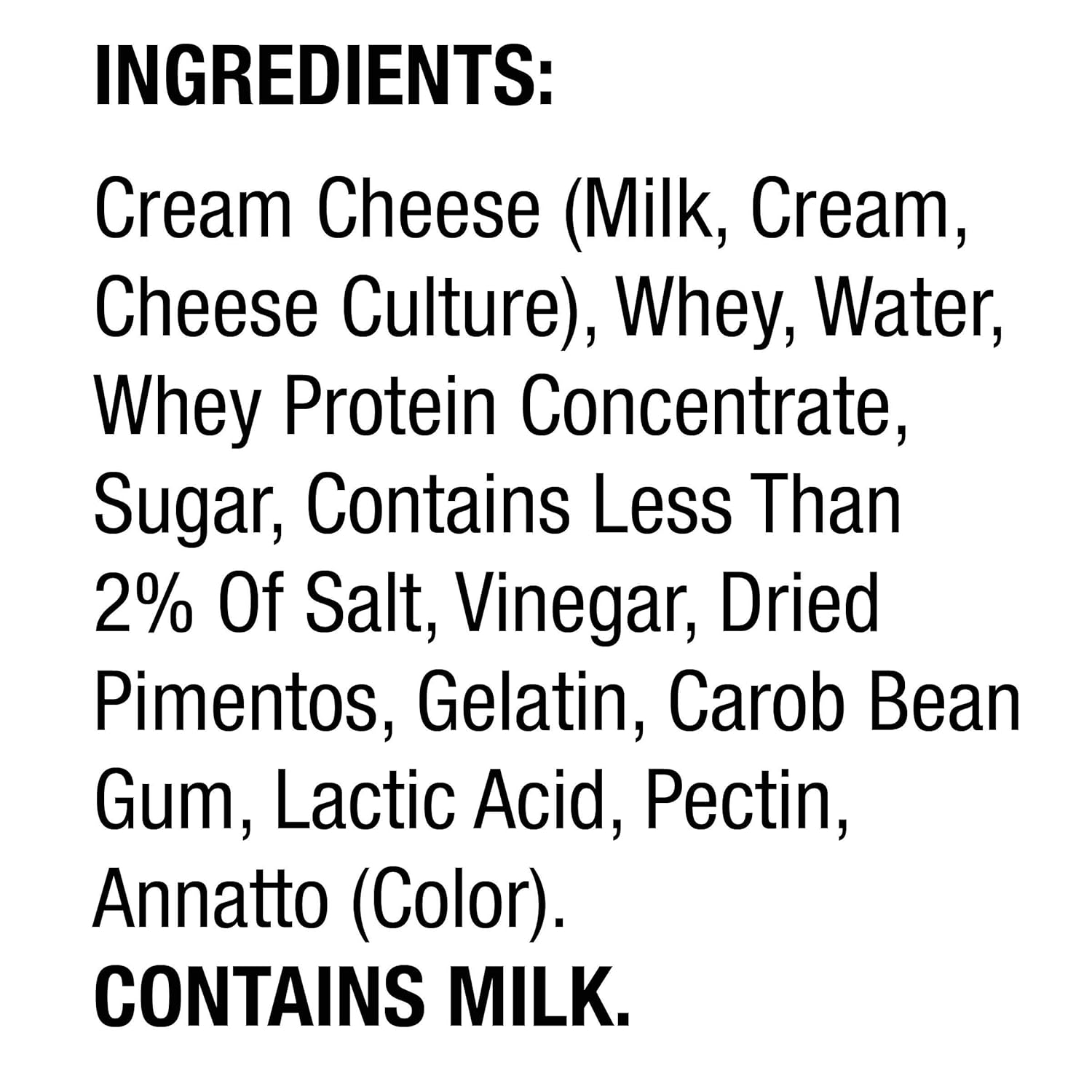 Ingredients list for Kraft pimento cream cheese spread, including cream cheese, whey, and pimentos, contains milk.