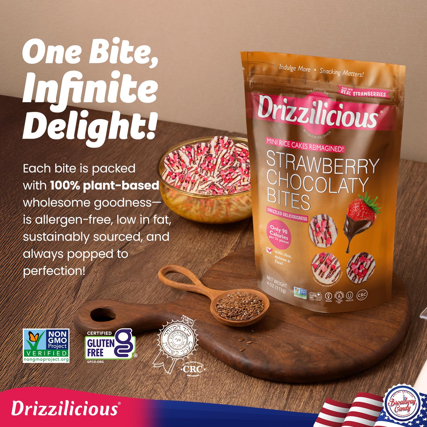 Drizzilicious Strawberry Chocolaty Bites package with vegan gluten-free rice cake snacks, showcasing delicious plant-based treats.