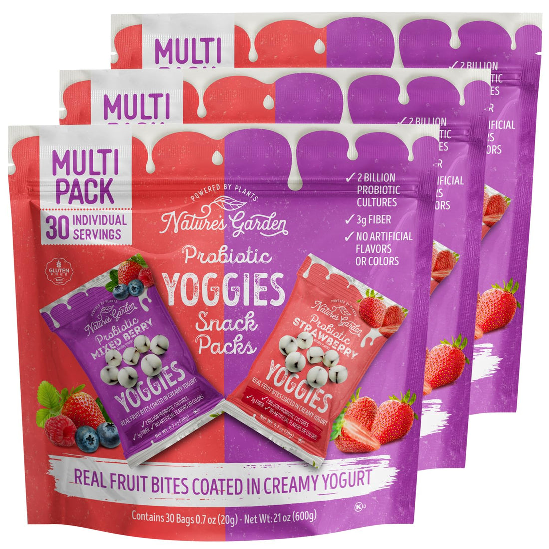 Nature’s Garden Probiotic Yoggies 21 oz multi-pack featuring Strawberry and Mixed Berry flavors in snack-sized packs.