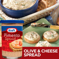 Kraft pimento cream cheese spread displayed with crackers and a bowl of creamy spread.