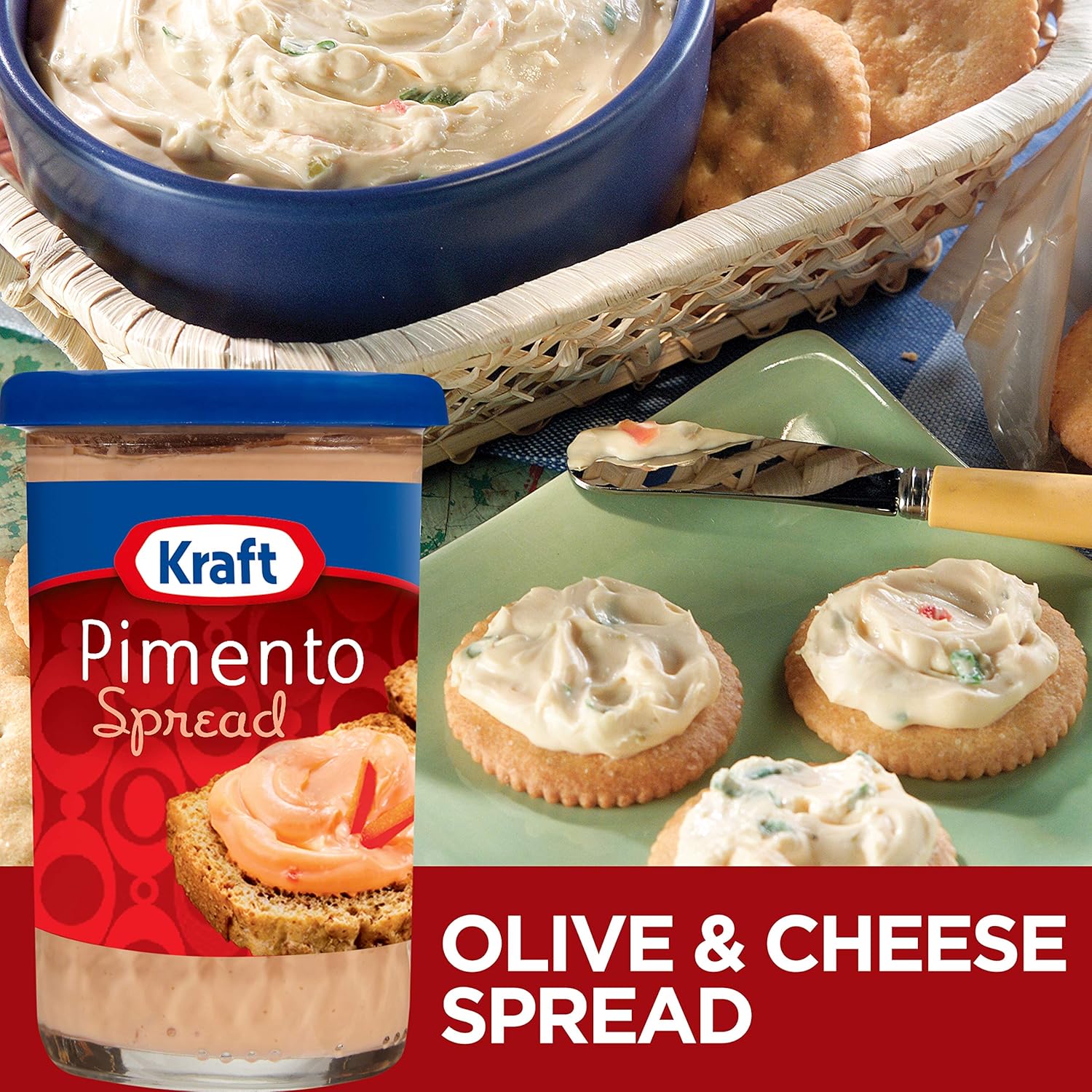 Kraft pimento cream cheese spread displayed with crackers and a bowl of creamy spread.