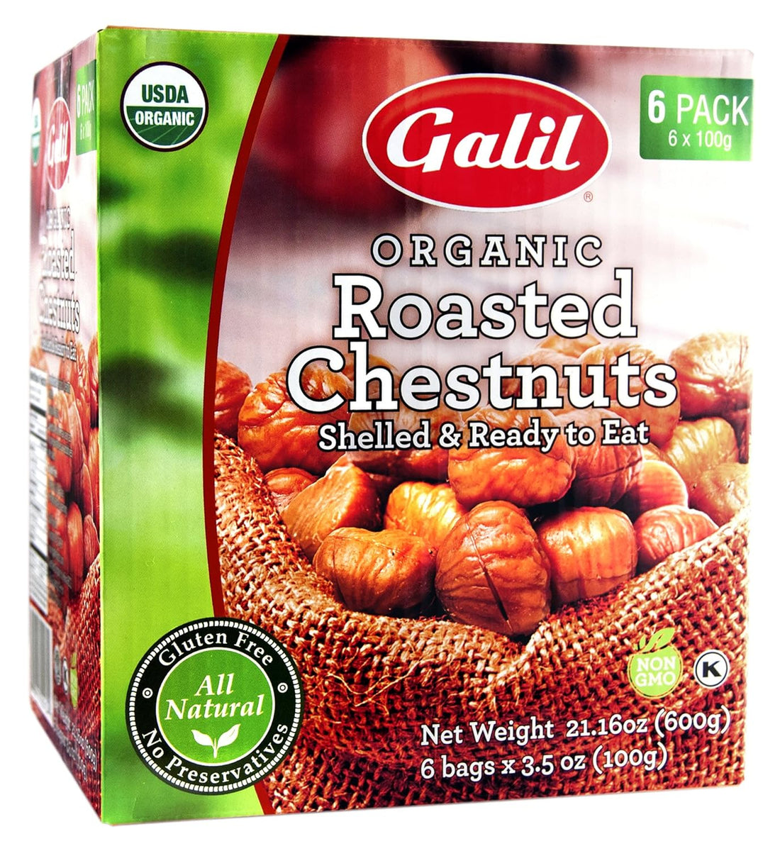 Galil organic roasted chestnuts snack in package, showcasing gluten-free, all-natural ingredients ready to eat.