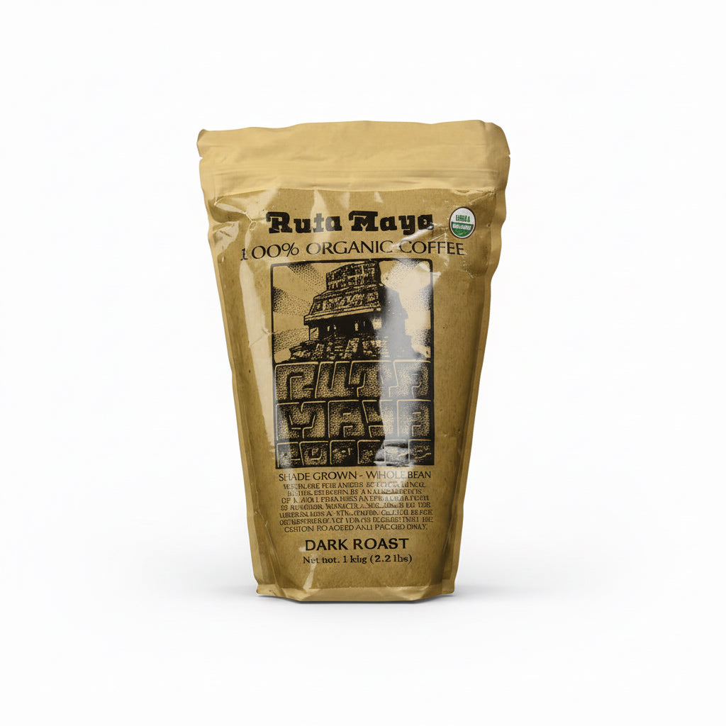 Ruta Maya Coffee packaging with 100% organic label, showcasing organic dark roast coffee from Chiapas, Mexico.